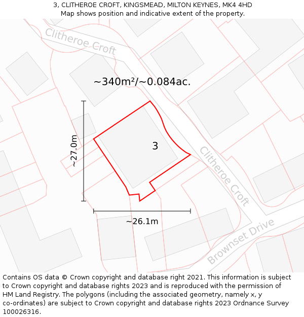 3, CLITHEROE CROFT, KINGSMEAD, MILTON KEYNES, MK4 4HD: Plot and title map