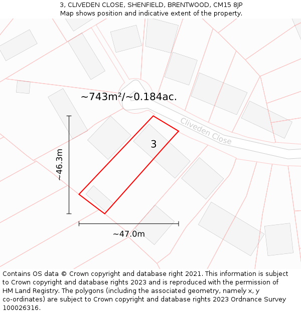 3, CLIVEDEN CLOSE, SHENFIELD, BRENTWOOD, CM15 8JP: Plot and title map