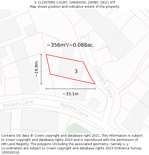 3, CLOISTERS COURT, OAKWOOD, DERBY, DE21 4TF: Plot and title map