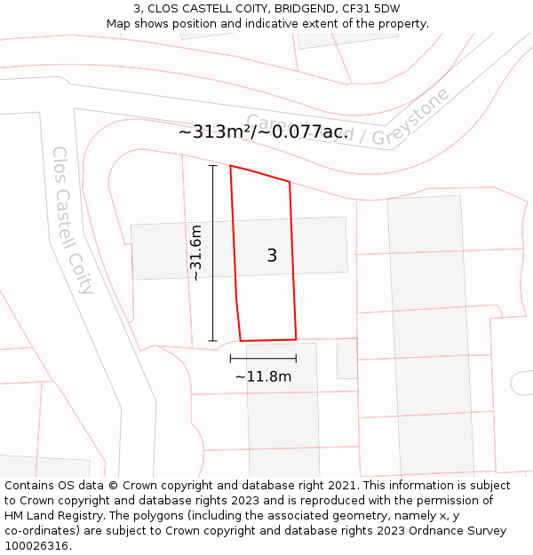 3, CLOS CASTELL COITY, BRIDGEND, CF31 5DW: Plot and title map