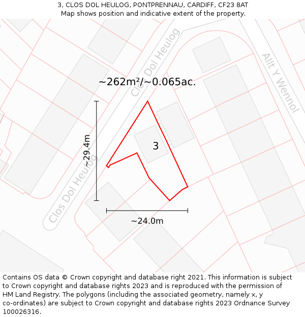 3, CLOS DOL HEULOG, PONTPRENNAU, CARDIFF, CF23 8AT: Plot and title map