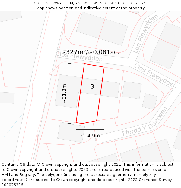 3, CLOS FFAWYDDEN, YSTRADOWEN, COWBRIDGE, CF71 7SE: Plot and title map