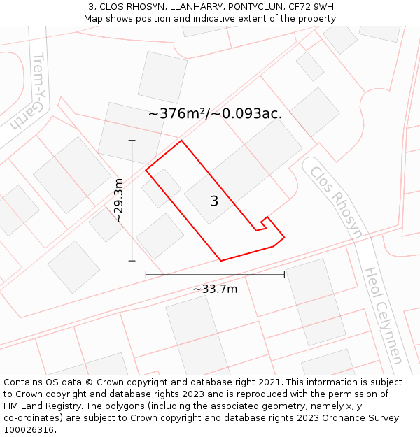 3, CLOS RHOSYN, LLANHARRY, PONTYCLUN, CF72 9WH: Plot and title map