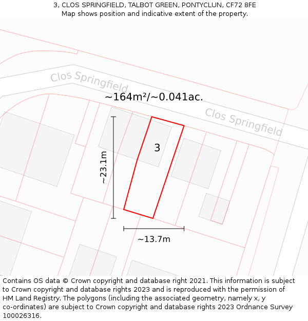 3, CLOS SPRINGFIELD, TALBOT GREEN, PONTYCLUN, CF72 8FE: Plot and title map