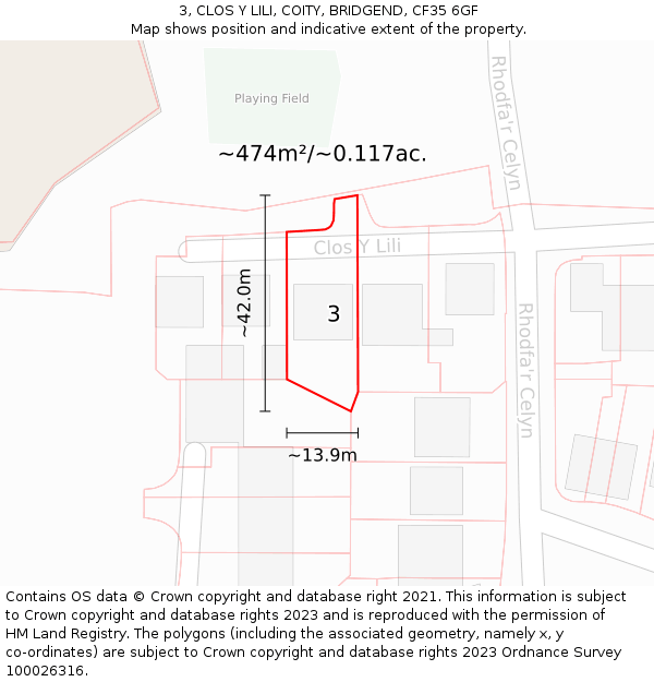 3, CLOS Y LILI, COITY, BRIDGEND, CF35 6GF: Plot and title map