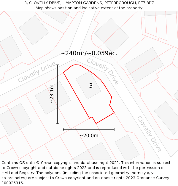 3, CLOVELLY DRIVE, HAMPTON GARDENS, PETERBOROUGH, PE7 8PZ: Plot and title map