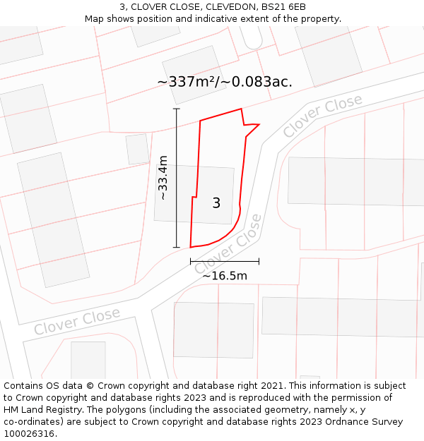 3, CLOVER CLOSE, CLEVEDON, BS21 6EB: Plot and title map