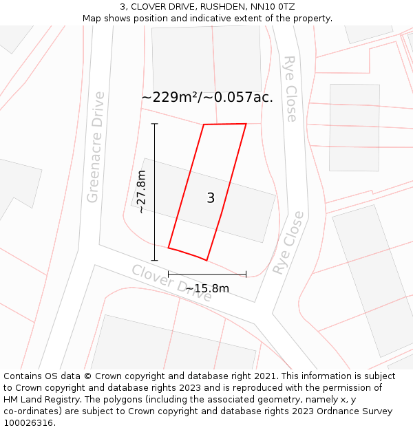3, CLOVER DRIVE, RUSHDEN, NN10 0TZ: Plot and title map