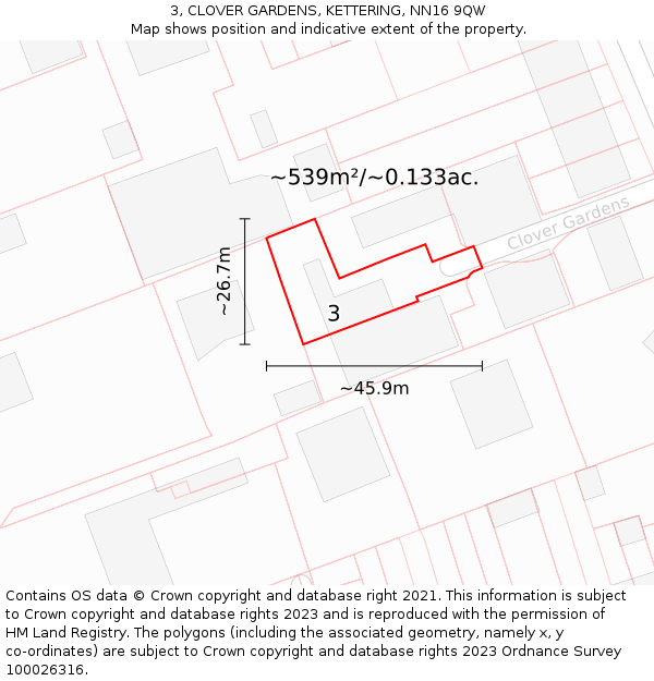 3, CLOVER GARDENS, KETTERING, NN16 9QW: Plot and title map