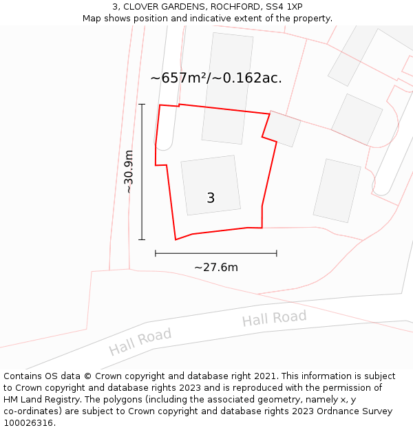 3, CLOVER GARDENS, ROCHFORD, SS4 1XP: Plot and title map