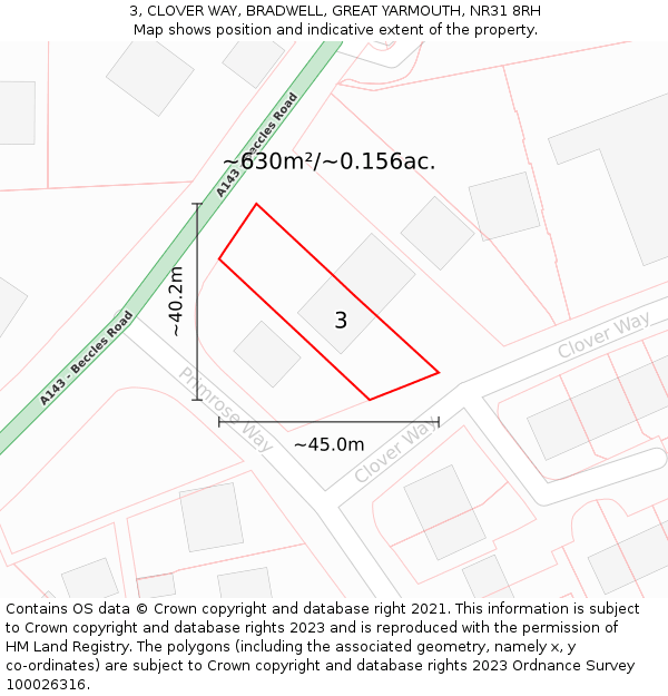 3, CLOVER WAY, BRADWELL, GREAT YARMOUTH, NR31 8RH: Plot and title map