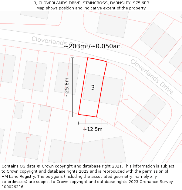 3, CLOVERLANDS DRIVE, STAINCROSS, BARNSLEY, S75 6EB: Plot and title map