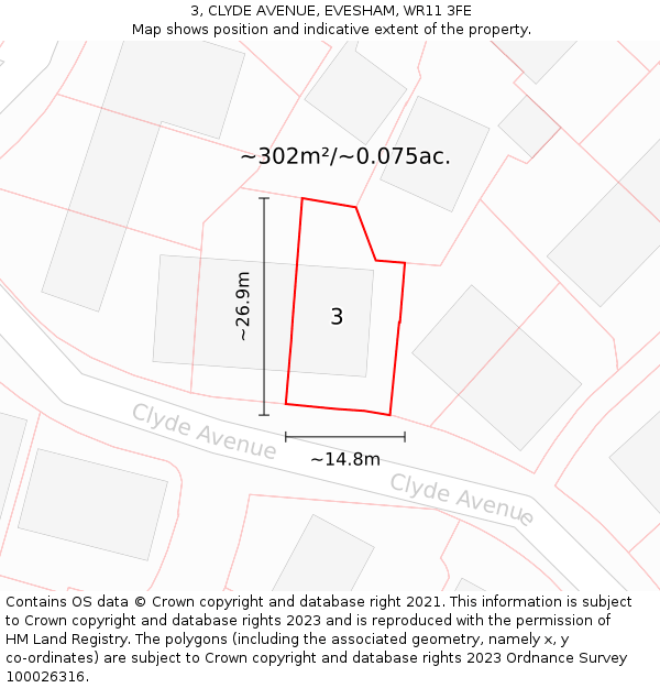 3, CLYDE AVENUE, EVESHAM, WR11 3FE: Plot and title map