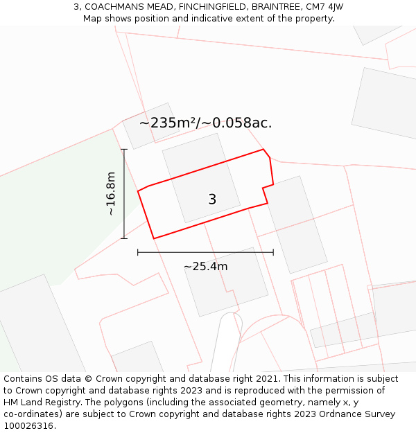 3, COACHMANS MEAD, FINCHINGFIELD, BRAINTREE, CM7 4JW: Plot and title map