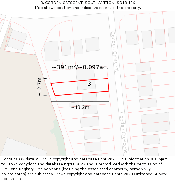 3, COBDEN CRESCENT, SOUTHAMPTON, SO18 4EX: Plot and title map