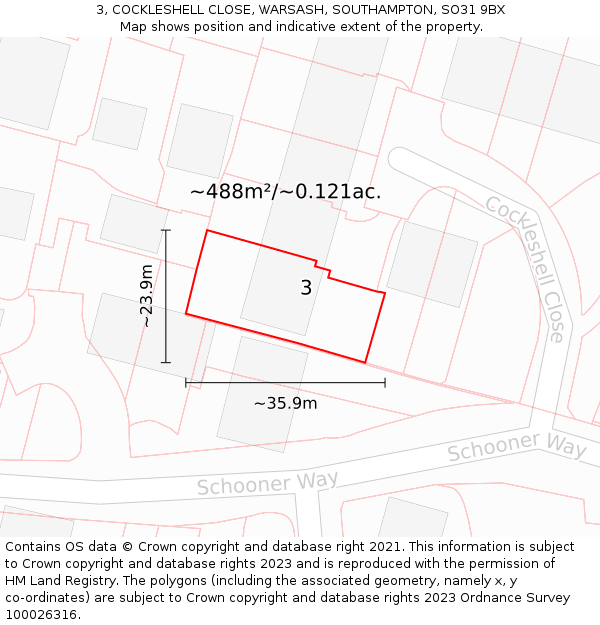 3, COCKLESHELL CLOSE, WARSASH, SOUTHAMPTON, SO31 9BX: Plot and title map