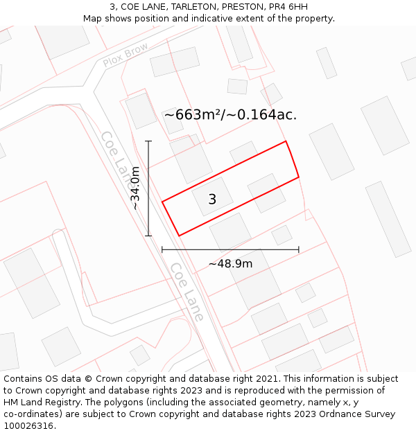 3, COE LANE, TARLETON, PRESTON, PR4 6HH: Plot and title map
