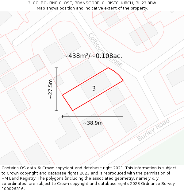 3, COLBOURNE CLOSE, BRANSGORE, CHRISTCHURCH, BH23 8BW: Plot and title map
