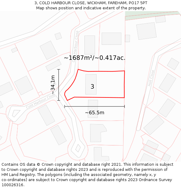 3, COLD HARBOUR CLOSE, WICKHAM, FAREHAM, PO17 5PT: Plot and title map