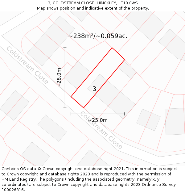 3, COLDSTREAM CLOSE, HINCKLEY, LE10 0WS: Plot and title map