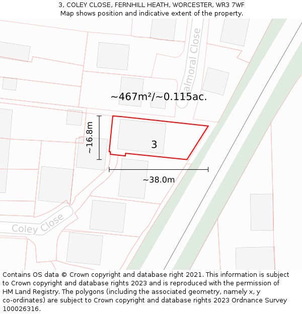 3, COLEY CLOSE, FERNHILL HEATH, WORCESTER, WR3 7WF: Plot and title map