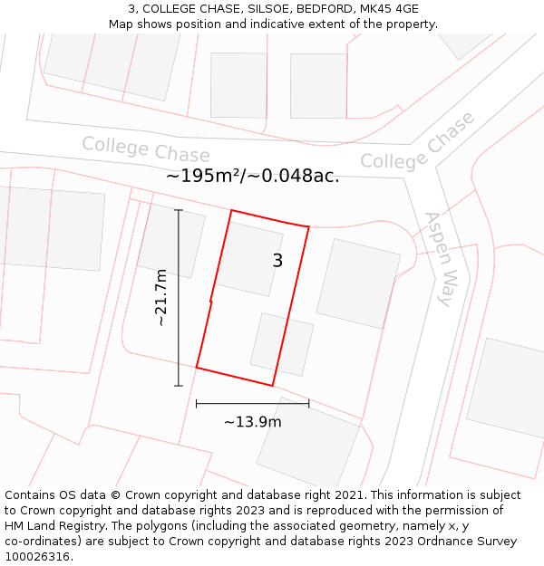 3, COLLEGE CHASE, SILSOE, BEDFORD, MK45 4GE: Plot and title map