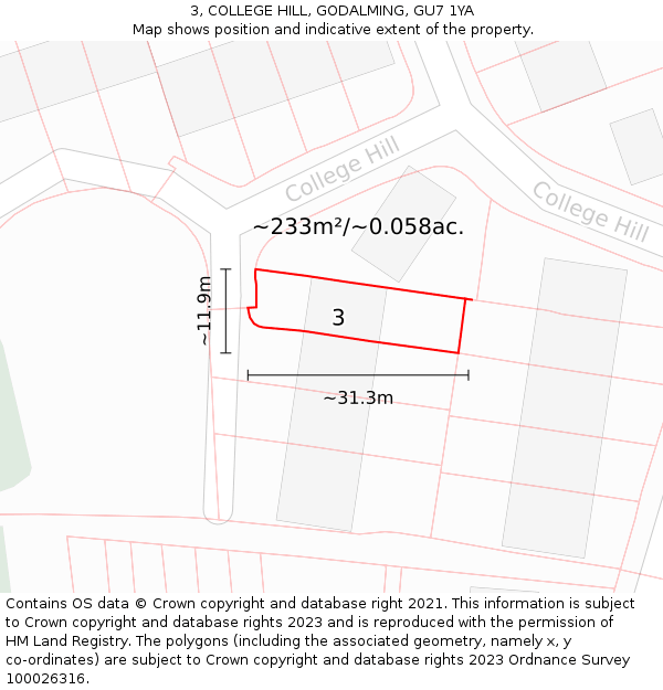 3, COLLEGE HILL, GODALMING, GU7 1YA: Plot and title map