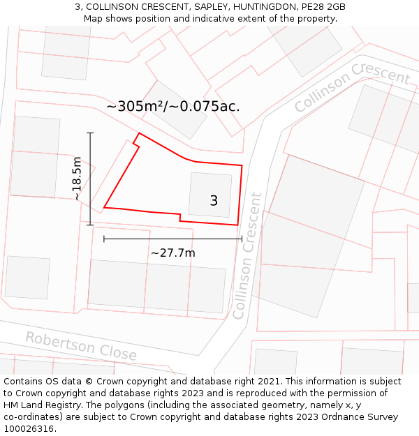 3, COLLINSON CRESCENT, SAPLEY, HUNTINGDON, PE28 2GB: Plot and title map