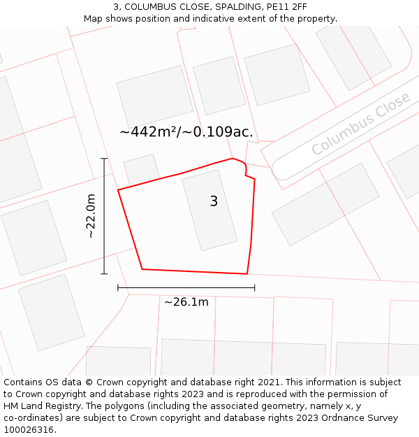 3, COLUMBUS CLOSE, SPALDING, PE11 2FF: Plot and title map