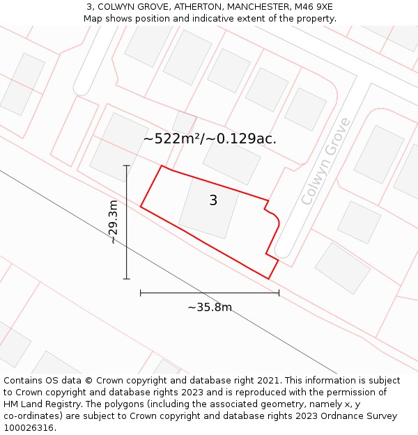 3, COLWYN GROVE, ATHERTON, MANCHESTER, M46 9XE: Plot and title map