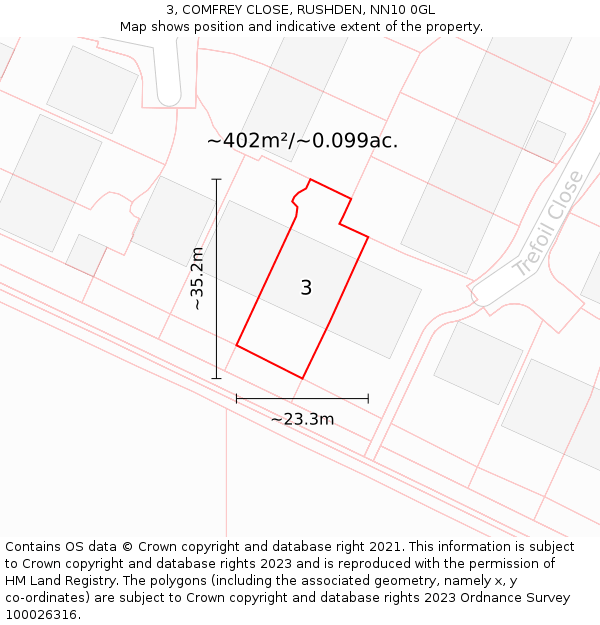 3, COMFREY CLOSE, RUSHDEN, NN10 0GL: Plot and title map