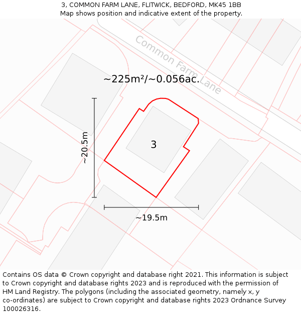 3, COMMON FARM LANE, FLITWICK, BEDFORD, MK45 1BB: Plot and title map