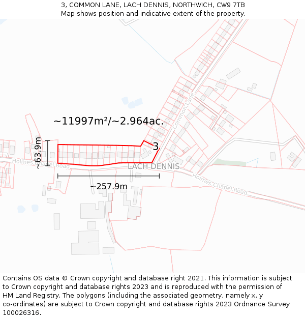 3, COMMON LANE, LACH DENNIS, NORTHWICH, CW9 7TB: Plot and title map