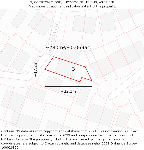 3, COMPTON CLOSE, HAYDOCK, ST HELENS, WA11 0FB: Plot and title map