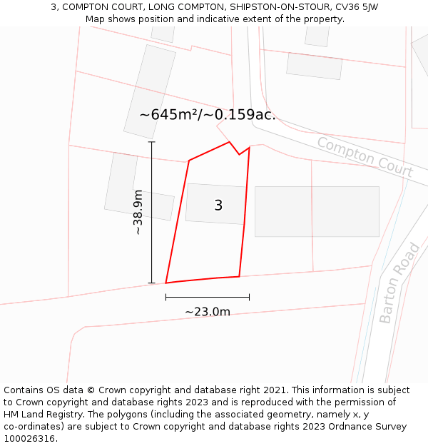 3, COMPTON COURT, LONG COMPTON, SHIPSTON-ON-STOUR, CV36 5JW: Plot and title map