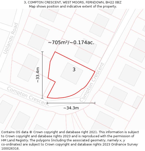3, COMPTON CRESCENT, WEST MOORS, FERNDOWN, BH22 0BZ: Plot and title map