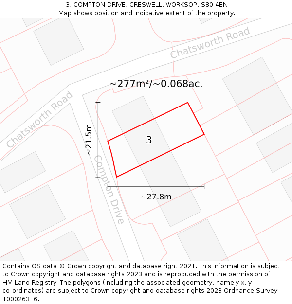 3, COMPTON DRIVE, CRESWELL, WORKSOP, S80 4EN: Plot and title map