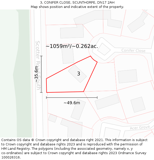 3, CONIFER CLOSE, SCUNTHORPE, DN17 2AH: Plot and title map