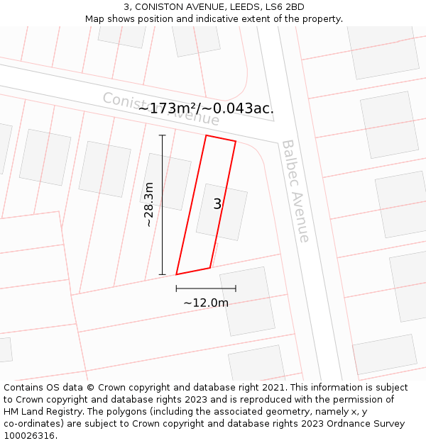 3, CONISTON AVENUE, LEEDS, LS6 2BD: Plot and title map