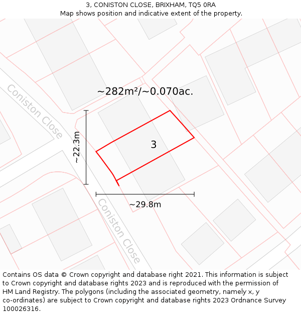 3, CONISTON CLOSE, BRIXHAM, TQ5 0RA: Plot and title map