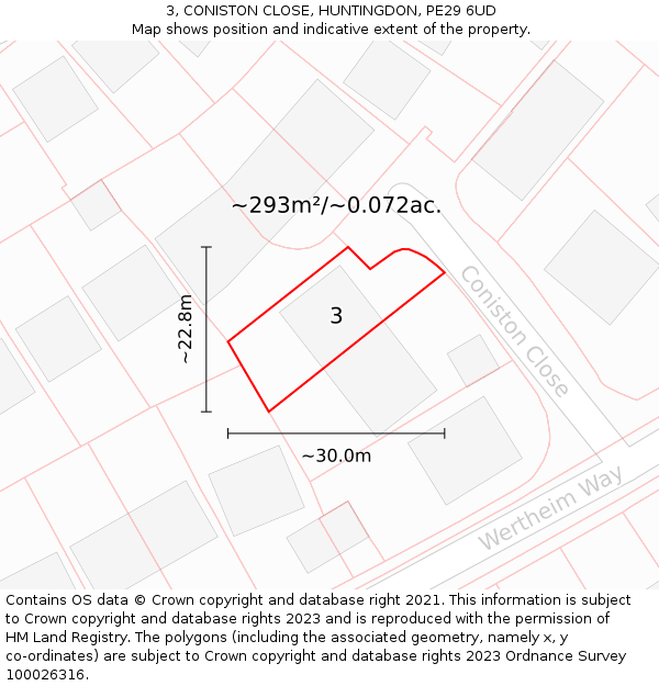 3, CONISTON CLOSE, HUNTINGDON, PE29 6UD: Plot and title map