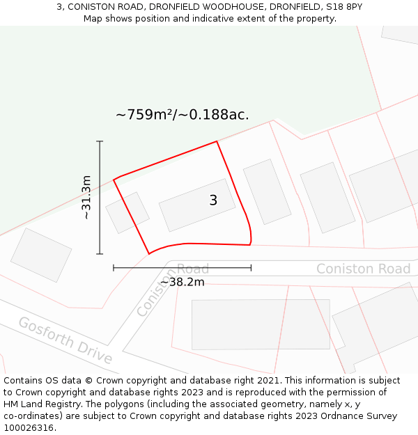 3, CONISTON ROAD, DRONFIELD WOODHOUSE, DRONFIELD, S18 8PY: Plot and title map