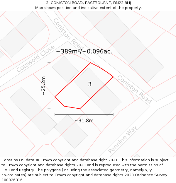 3, CONISTON ROAD, EASTBOURNE, BN23 8HJ: Plot and title map