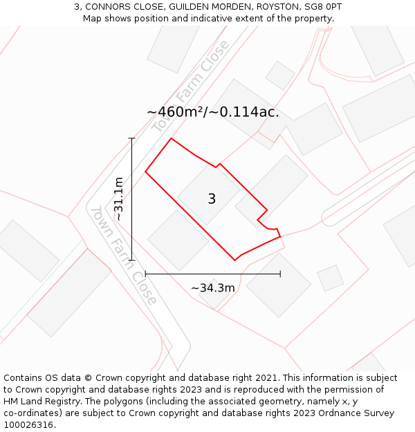 3, CONNORS CLOSE, GUILDEN MORDEN, ROYSTON, SG8 0PT: Plot and title map