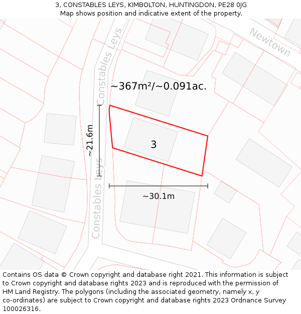 3, CONSTABLES LEYS, KIMBOLTON, HUNTINGDON, PE28 0JG: Plot and title map