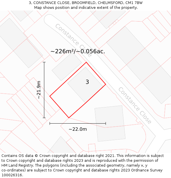 3, CONSTANCE CLOSE, BROOMFIELD, CHELMSFORD, CM1 7BW: Plot and title map