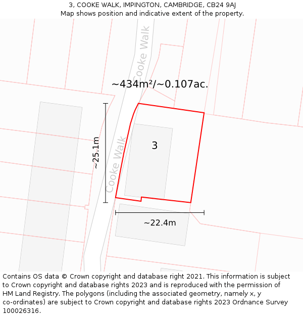 3, COOKE WALK, IMPINGTON, CAMBRIDGE, CB24 9AJ: Plot and title map
