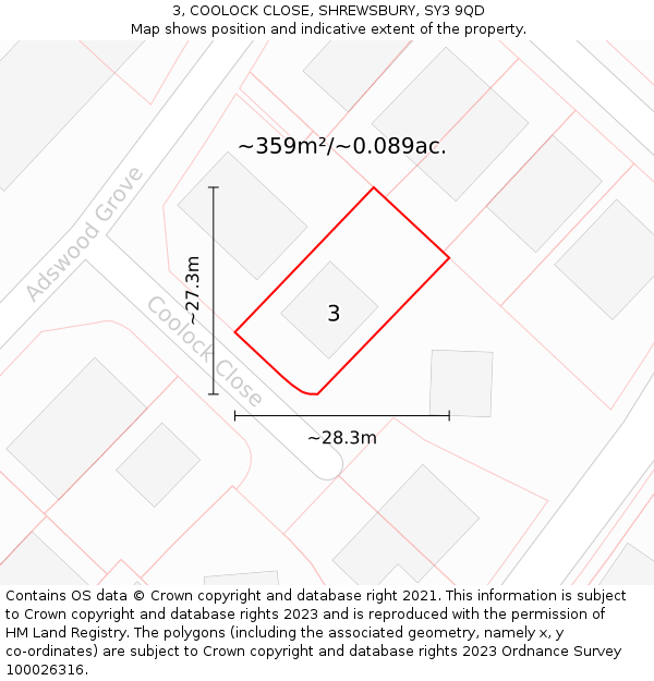 3, COOLOCK CLOSE, SHREWSBURY, SY3 9QD: Plot and title map
