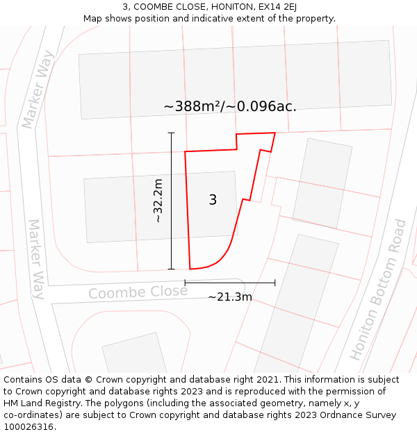 3, COOMBE CLOSE, HONITON, EX14 2EJ: Plot and title map