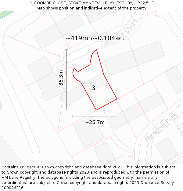 3, COOMBE CLOSE, STOKE MANDEVILLE, AYLESBURY, HP22 5UD: Plot and title map